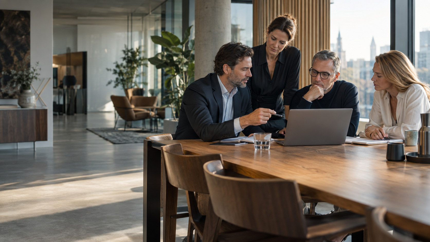Cuatro profesionales con experiencia conversan sobre una estrategia digital en un entorno de trabajo moderno y luminoso.