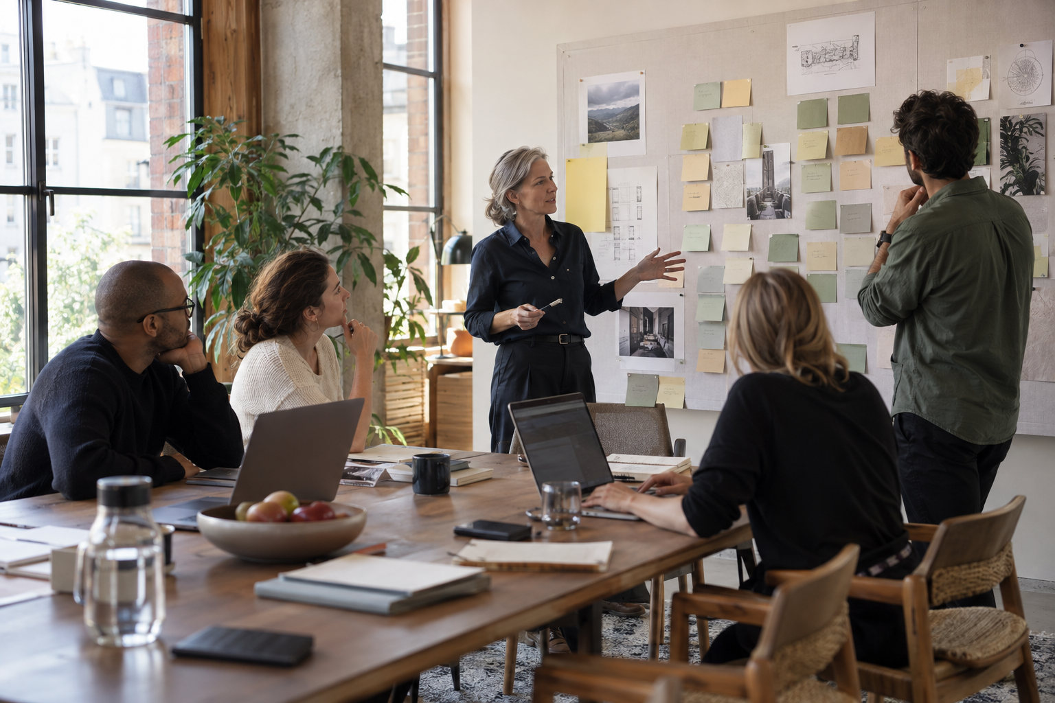 Un equipo diverso desarrolla decisiones concretas durante una sesión de estrategia alrededor de una mesa de trabajo.