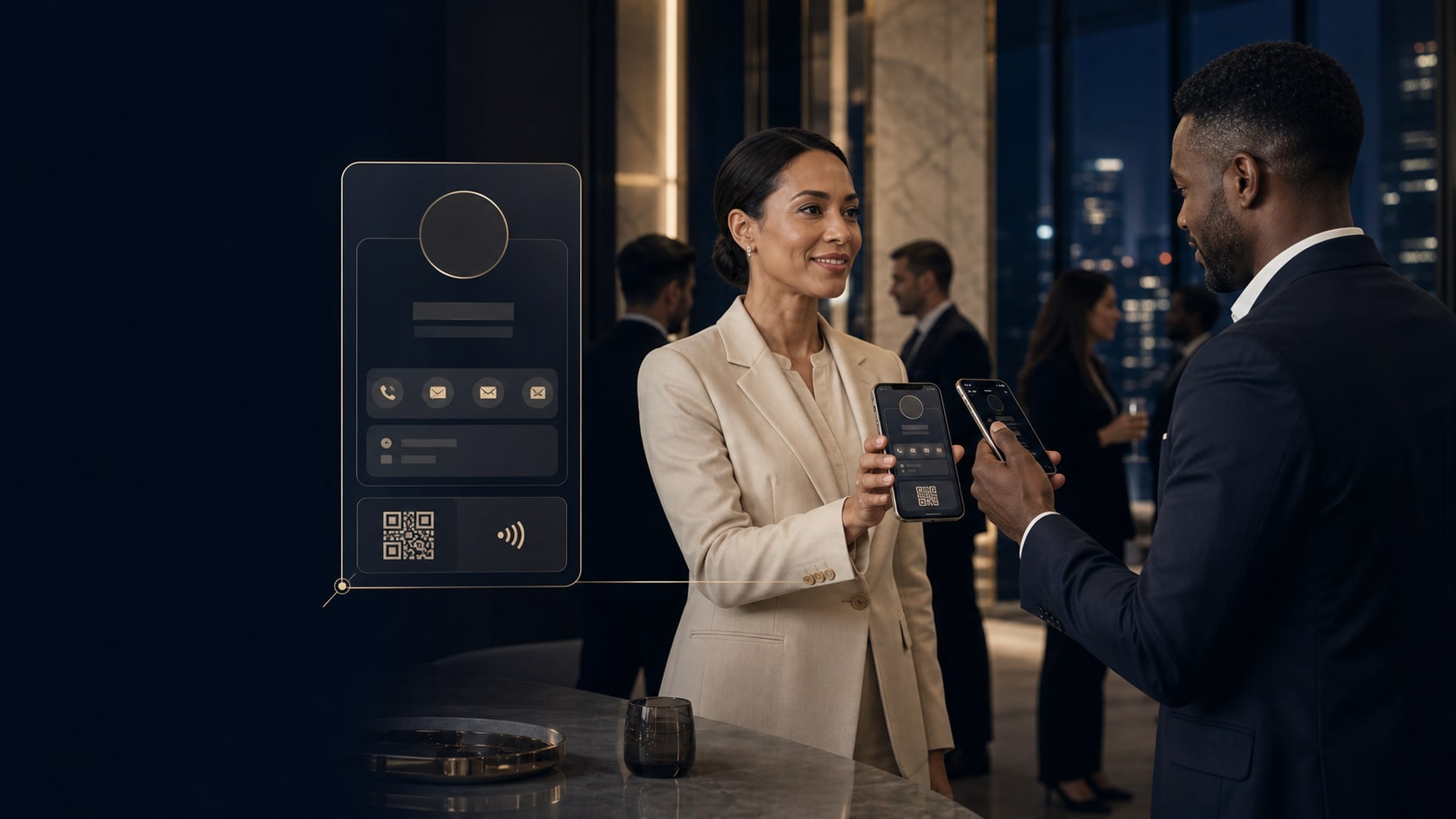 Dos profesionales comparten una identidad empresarial digital durante una conversación presencial.