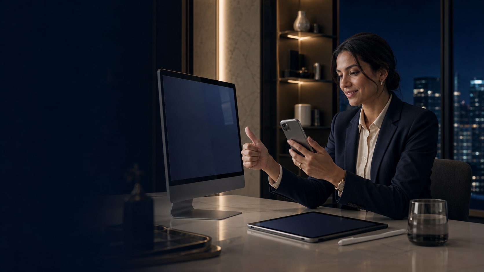 Una profesional da permiso en su propio iPhone y lo visualiza junto a un Mac y un iPad en un espacio de trabajo prémium.